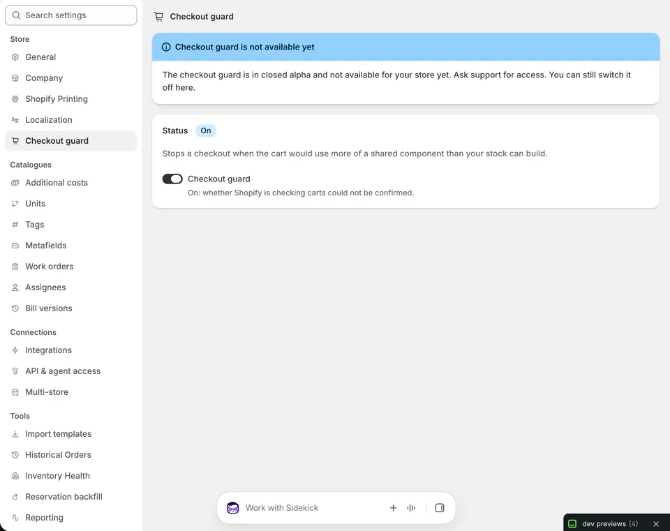 The Checkout guard settings page before approval: a notice that the guard is not available yet and a switch that only turns it off