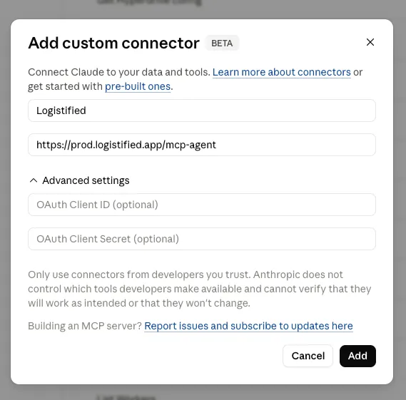 The claude.ai Add custom connector dialog with the Name and the URL set to the /mcp-agent endpoint, Advanced OAuth fields left blank
