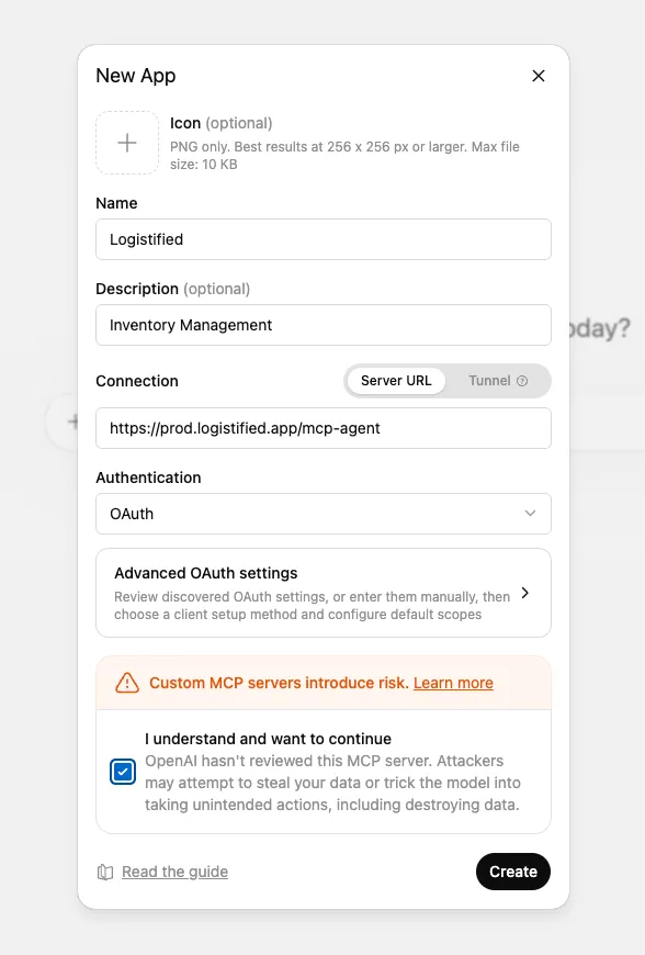 ChatGPT New App dialog with the Name, Description, Server URL set to the /mcp-agent endpoint, Authentication set to OAuth, and the consent checkbox ticked