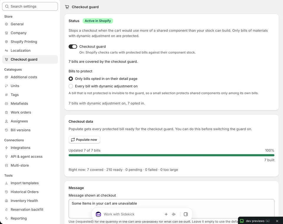 The Checkout guard settings page with the status Active in Shopify, the switch on, 7 bills covered and the Bills to protect choice