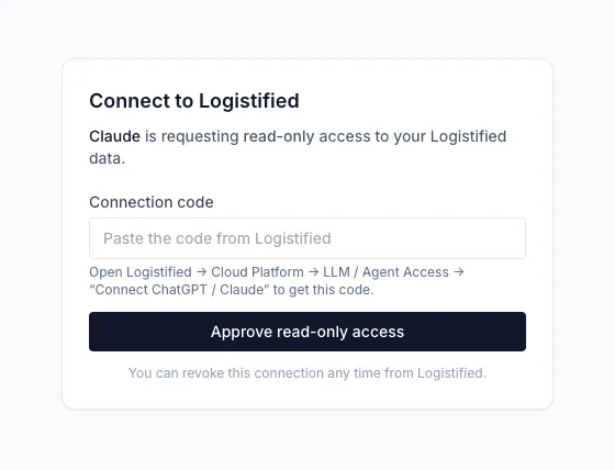 The Connect screen showing Claude is requesting read-only access, with a field to paste the connection code and an Approve read-only access button