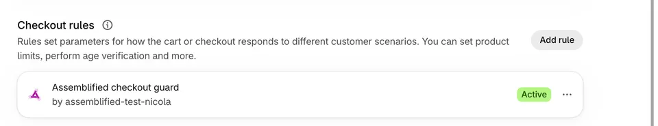 Shopify's Checkout rules list with the row Assemblified checkout guard marked Active