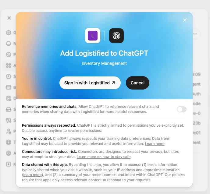 The ChatGPT authorization prompt with a sign-in button to start authorizing the connector