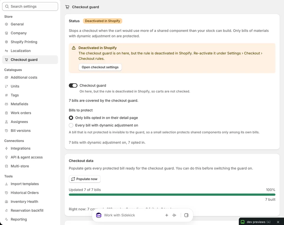 The Checkout guard settings page with the status Deactivated in Shopify and a notice that links to Checkout rules