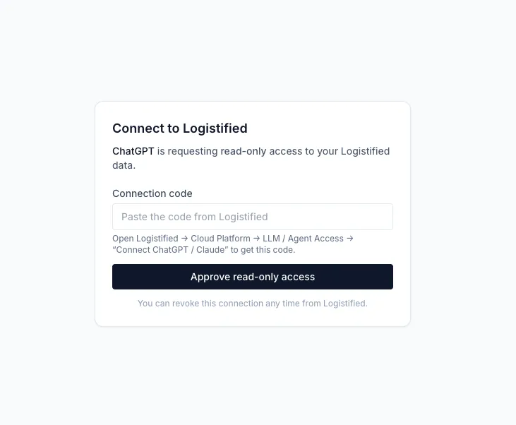 The Connect screen asking for the connection code, with an Approve read-only access button