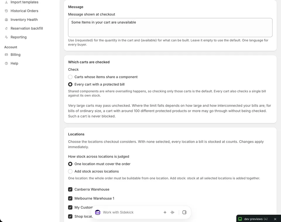 The Message, Which carts are checked and Locations sections of the Checkout guard settings page